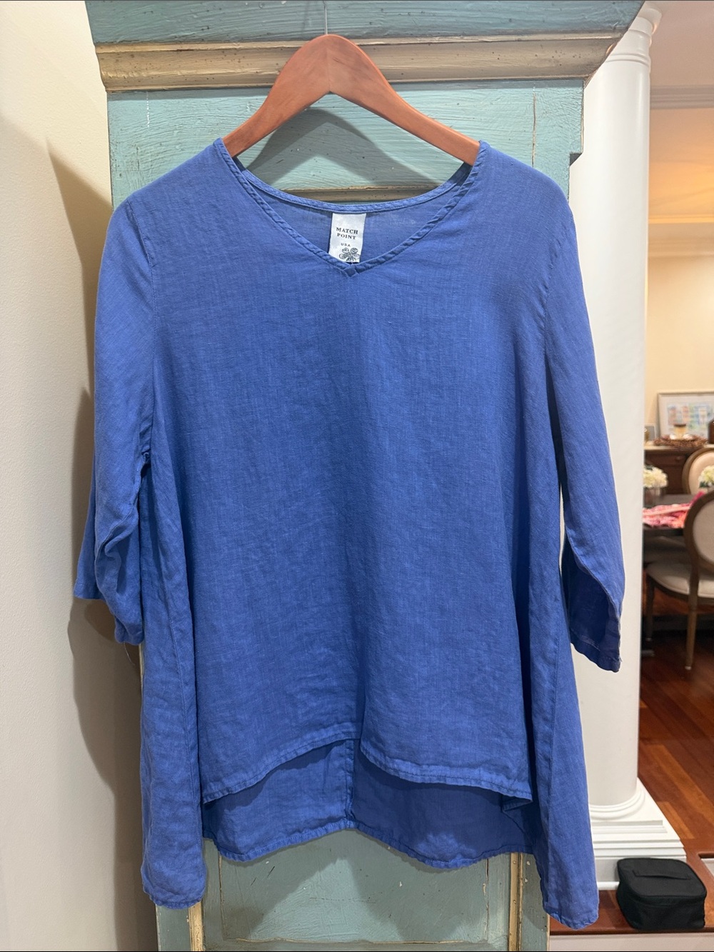 Lagenlook Coastal Match Point 100% Linen V-Neck High Low Tunic Top Blue